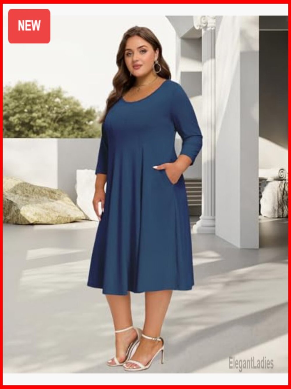 Plus Size Midi Dress 3/4 Sleeve A-Line Casual with Pockets - Picture 3 of 6